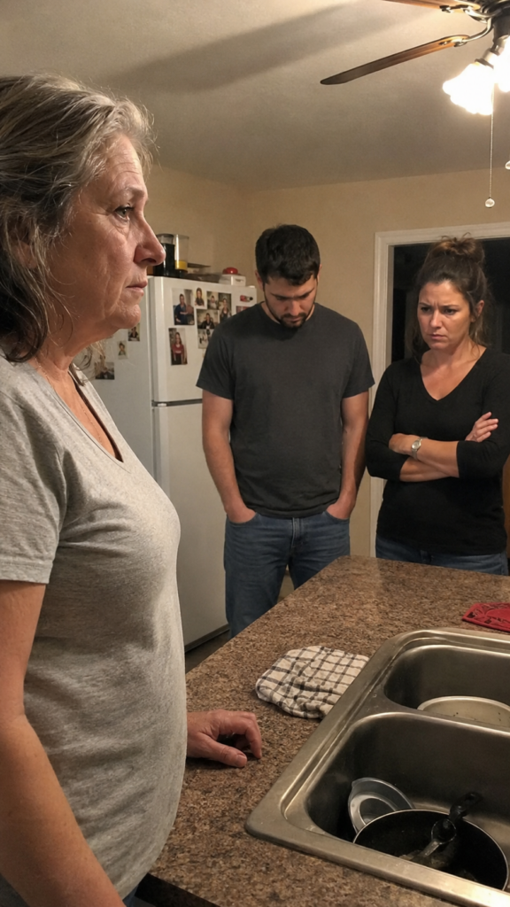 A Widowed Mother Debt Ultimatum moment captured in a quiet American kitchen as a mother faces her son and daughter-in-law over a difficult financial demand.
