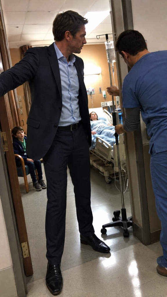 A worried businessman stands in a hospital hallway confronting a forgotten family secret as a stranger watches over a sick woman's bedside.