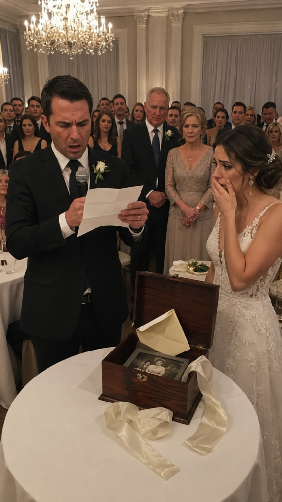 Bride opening a walnut gift box during a Family Wedding Conditions story while guests watch in silence.