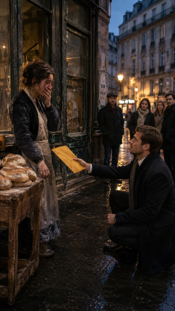 A hidden family promise unfolds as a woman receives an emotional envelope on a rainy city street