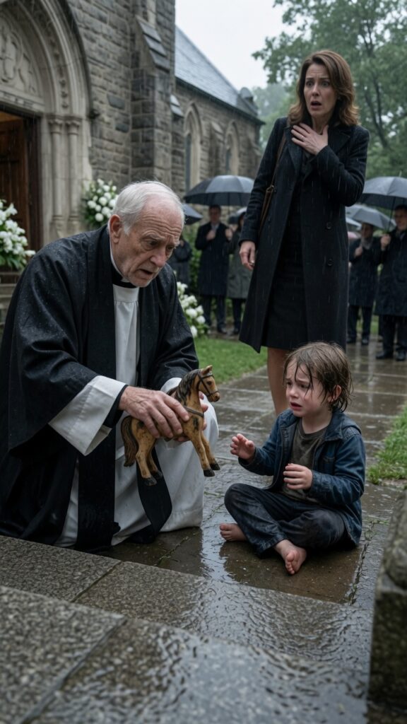 An elderly priest kneels in the rain examining the Burned Toy Horse Secret hidden inside a child's cherished keepsake outside a stone church.