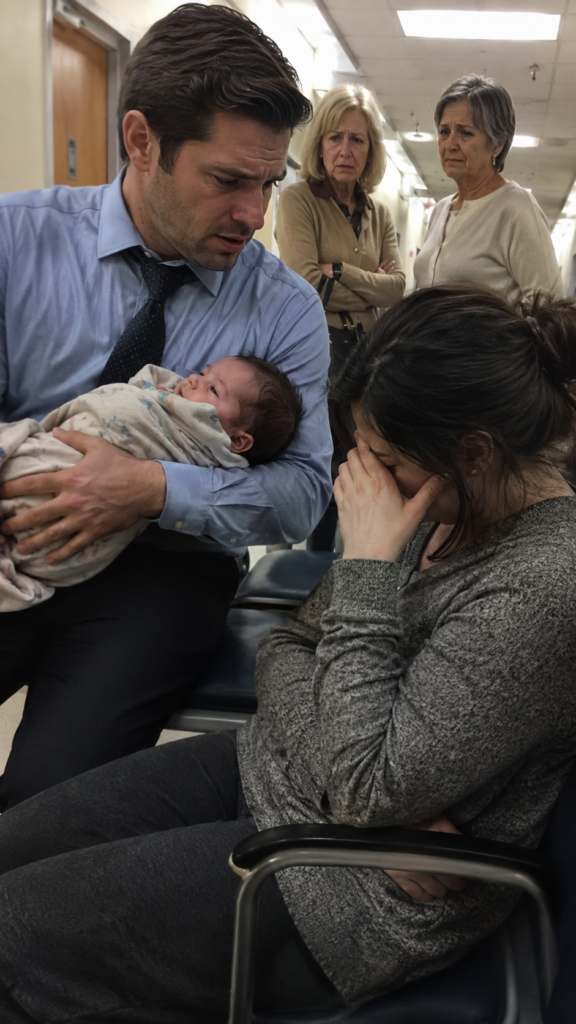 Father holding his newborn son in a hospital hallway while his exhausted wife sits nearby during the newborn fever truth.
