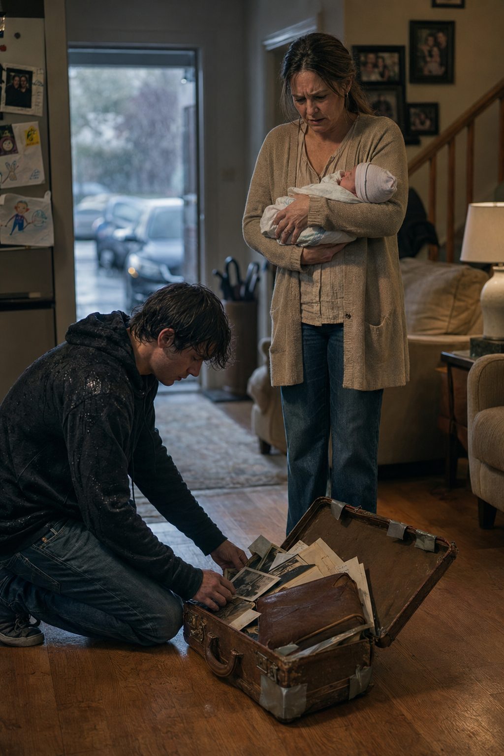 Suitcase Reveals Truth As Ethan Returns With Baby Exposing Father's Secret Family Ethan stands at doorway holding newborn baby and old brown suitcase reveals truth about hidden family