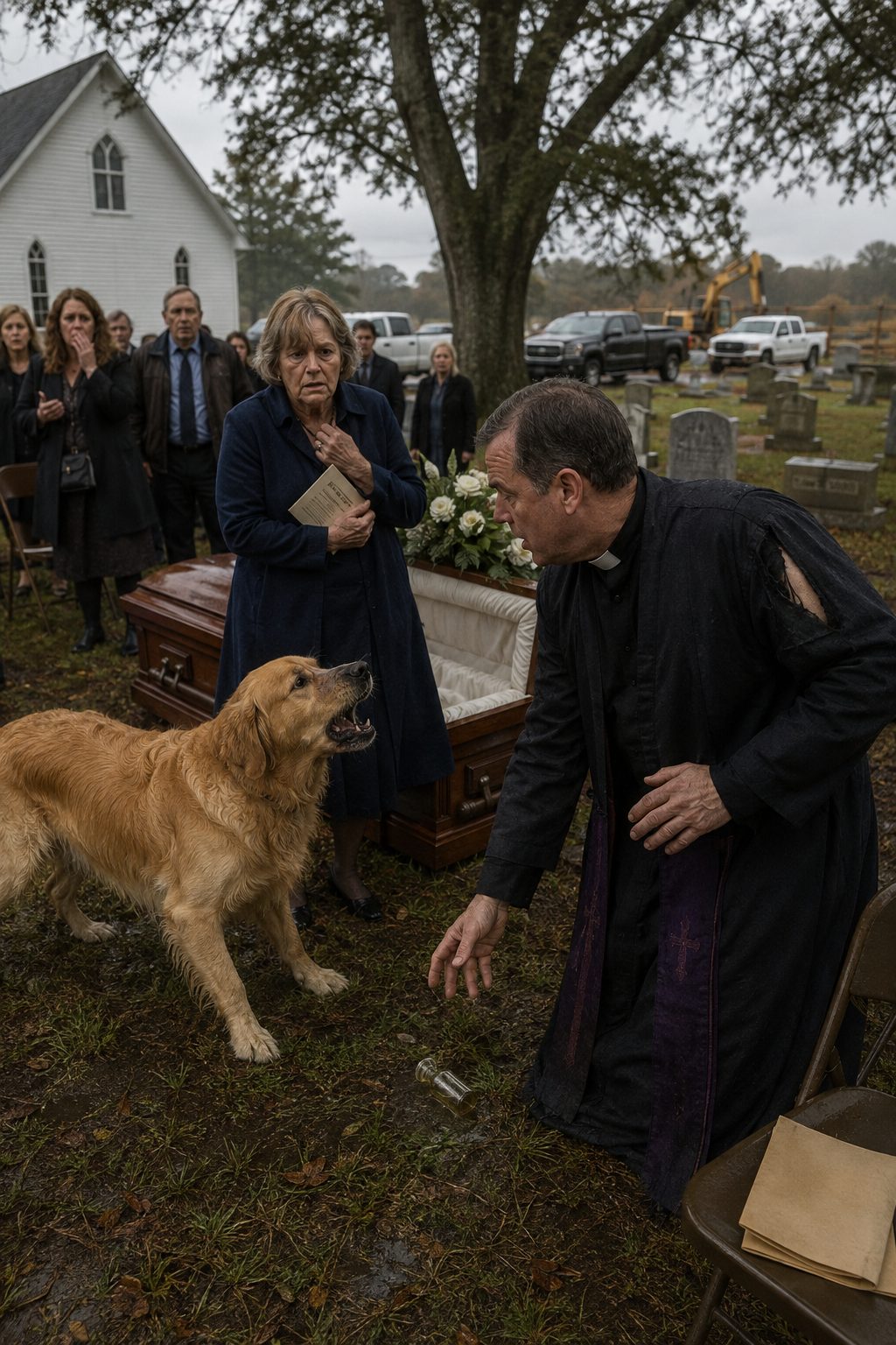 Dog Funeral Poison vial reveals corruption at funeral Dog Funeral Poison vial drops from priest sleeve while golden retriever Buddy guards coffin at graveside
