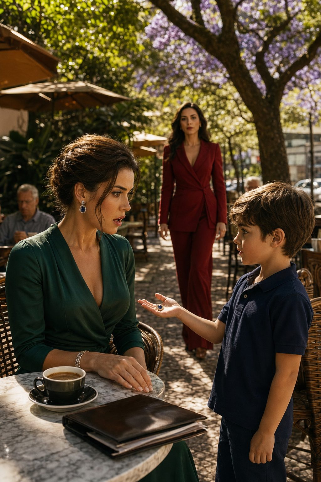 Twin Sister Husband Betrayal Revealed at São Paulo Café Elegant woman in emerald dress at São Paulo café stunned as boy shows sapphire earring matching her twin sister husband betrayal revelation